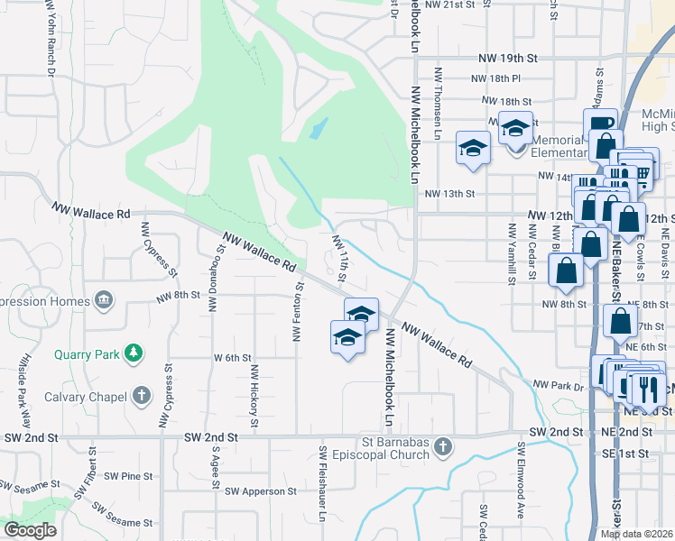 map of restaurants, bars, coffee shops, grocery stores, and more near 912 Northwest Oakwood Circle in McMinnville