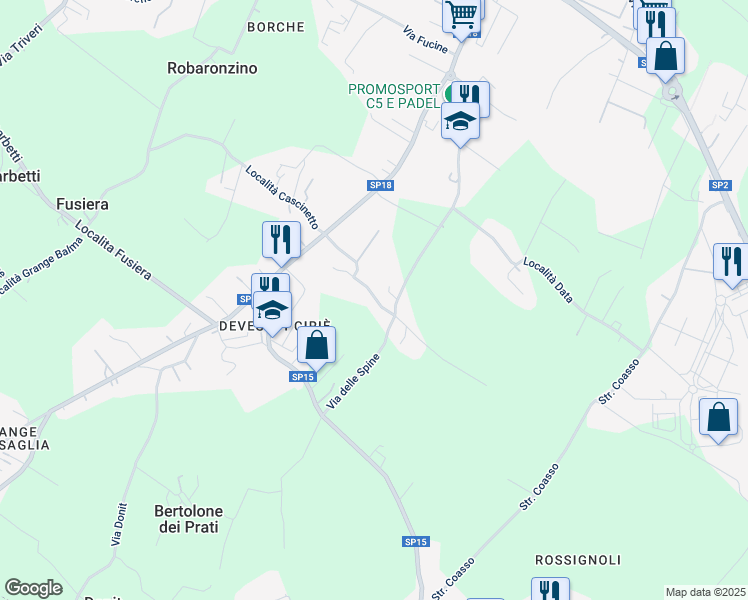 map of restaurants, bars, coffee shops, grocery stores, and more near 42 Via delle Spine in Ciriè