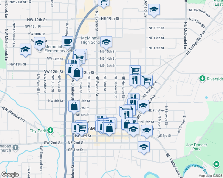 map of restaurants, bars, coffee shops, grocery stores, and more near 640 Northeast 10th Street in McMinnville