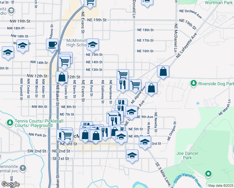 map of restaurants, bars, coffee shops, grocery stores, and more near 906 Northeast Hembree Street in McMinnville