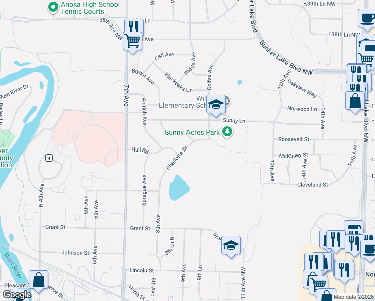 map of restaurants, bars, coffee shops, grocery stores, and more near 866 Charlotte Drive in Anoka