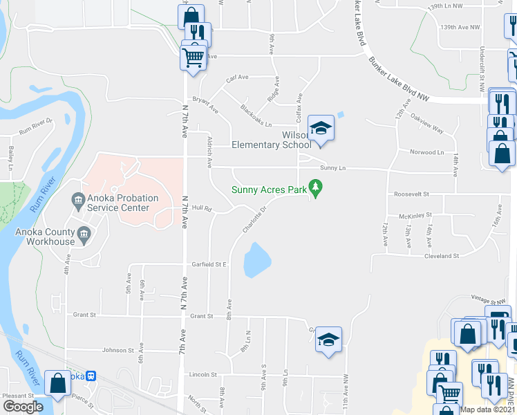 map of restaurants, bars, coffee shops, grocery stores, and more near 853 Charlotte Drive in Anoka