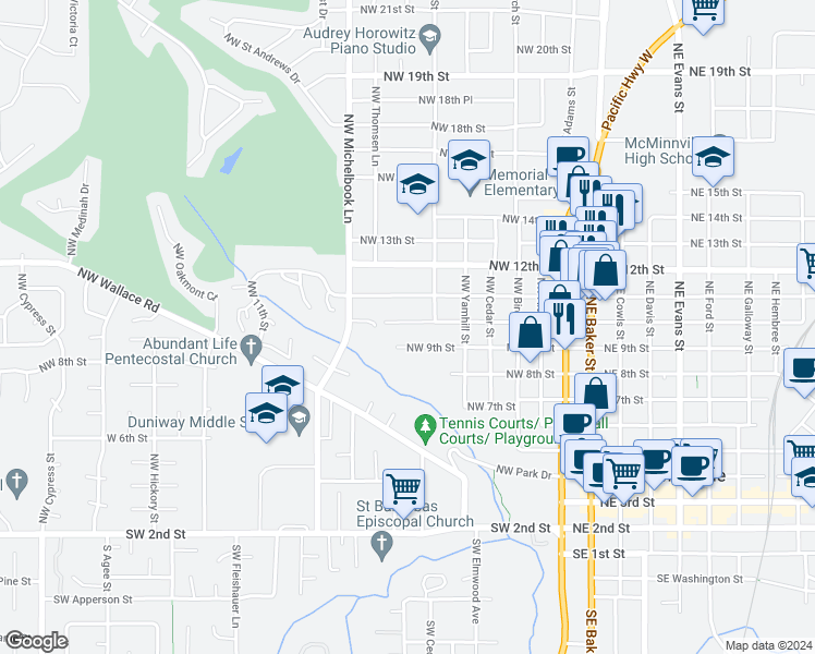 map of restaurants, bars, coffee shops, grocery stores, and more near 652 Northwest 10th Street in McMinnville