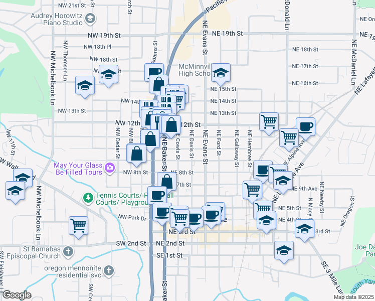 map of restaurants, bars, coffee shops, grocery stores, and more near 908 Northeast Cowls Street in McMinnville
