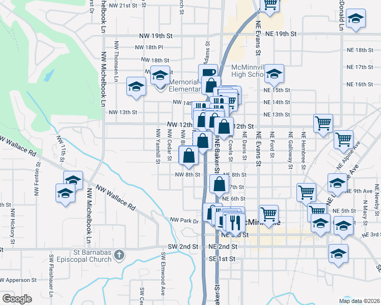 map of restaurants, bars, coffee shops, grocery stores, and more near 123 Northwest 9th Street in McMinnville