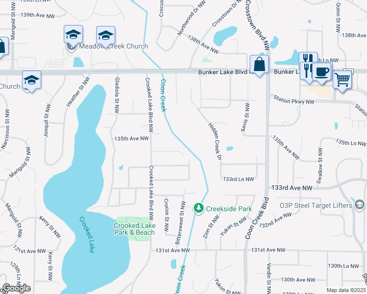 map of restaurants, bars, coffee shops, grocery stores, and more near 2701 134th Lane Northwest in Andover