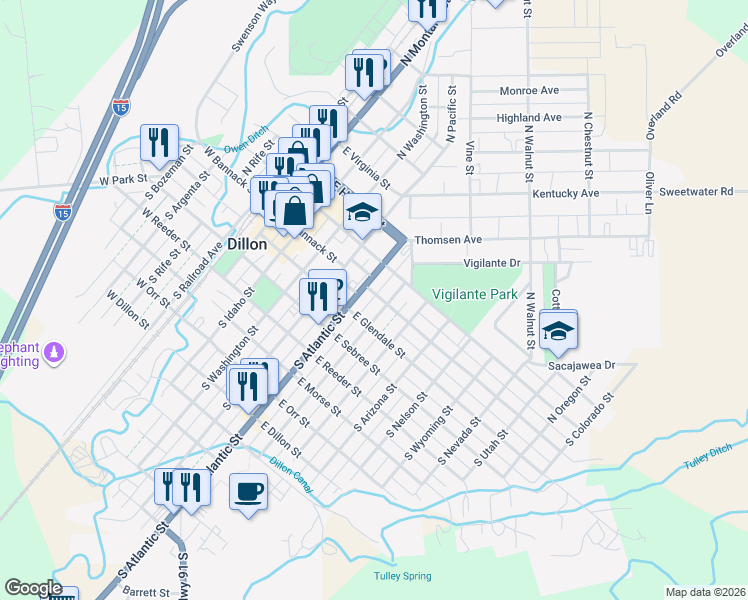 map of restaurants, bars, coffee shops, grocery stores, and more near 19 South Dakota Street in Dillon