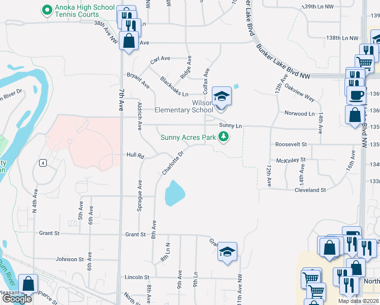 map of restaurants, bars, coffee shops, grocery stores, and more near 866 Charlotte Drive in Anoka