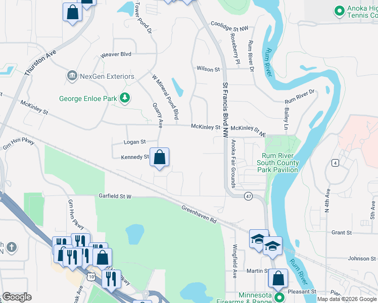 map of restaurants, bars, coffee shops, grocery stores, and more near 3241 Saint Francis Boulevard Northwest in Anoka