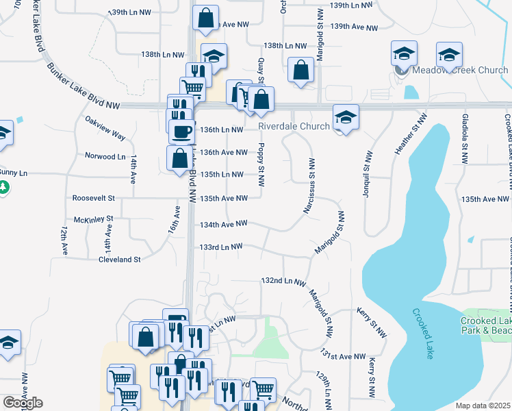 map of restaurants, bars, coffee shops, grocery stores, and more near 3457 134th Avenue Northwest in Andover