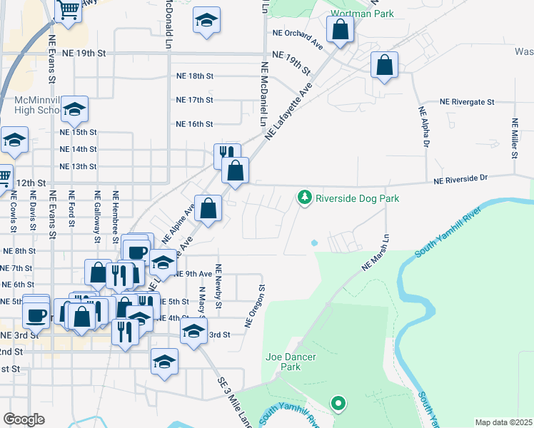 map of restaurants, bars, coffee shops, grocery stores, and more near 1602 Northeast Riverside Drive in McMinnville