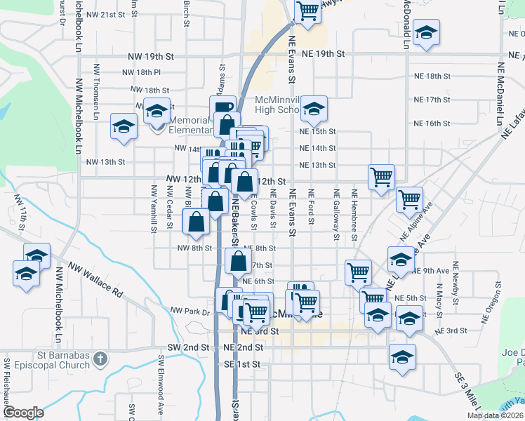 map of restaurants, bars, coffee shops, grocery stores, and more near 908 Northeast Cowls Street in McMinnville