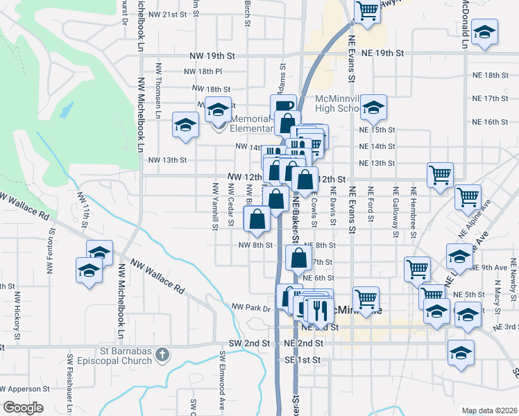 map of restaurants, bars, coffee shops, grocery stores, and more near 123 Northwest 9th Street in McMinnville