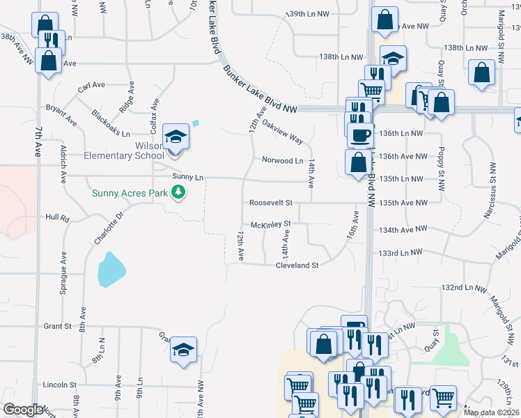 map of restaurants, bars, coffee shops, grocery stores, and more near 1219 McKinley Street in Anoka