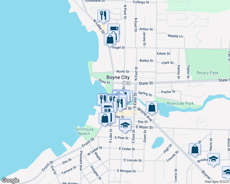 map of restaurants, bars, coffee shops, grocery stores, and more near 101 River Street in Boyne City