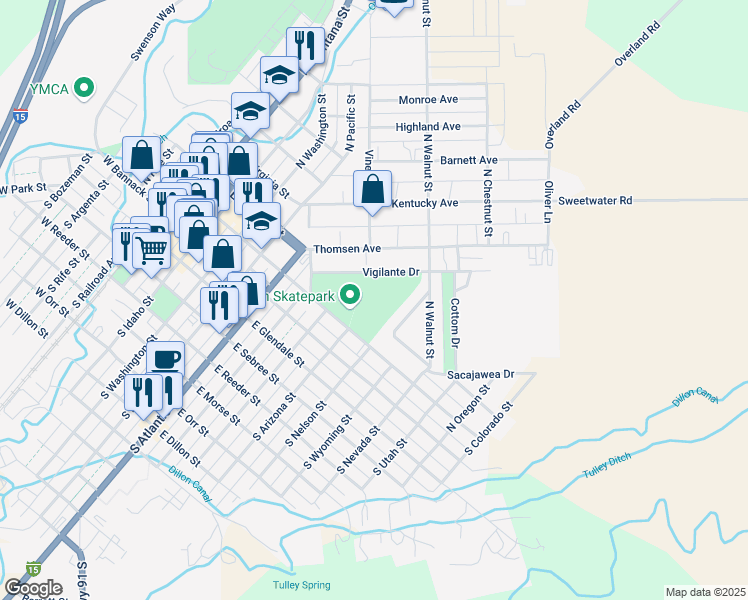 map of restaurants, bars, coffee shops, grocery stores, and more near 598 Vigilante Drive in Dillon