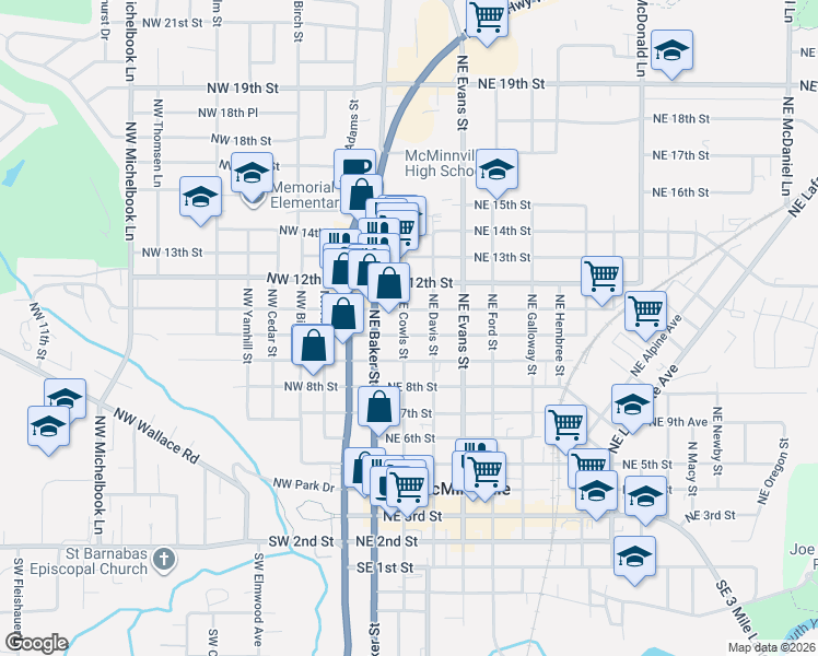 map of restaurants, bars, coffee shops, grocery stores, and more near 307 Northeast 10th Street in McMinnville