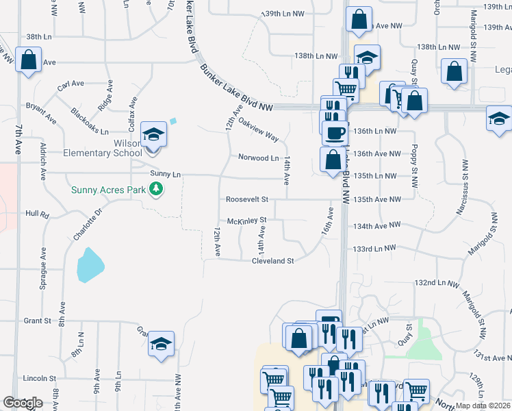 map of restaurants, bars, coffee shops, grocery stores, and more near 3275 14th Avenue in Anoka