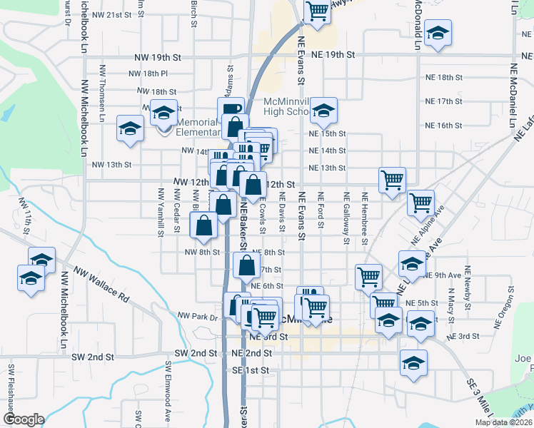 map of restaurants, bars, coffee shops, grocery stores, and more near 307 Northeast 10th Street in McMinnville