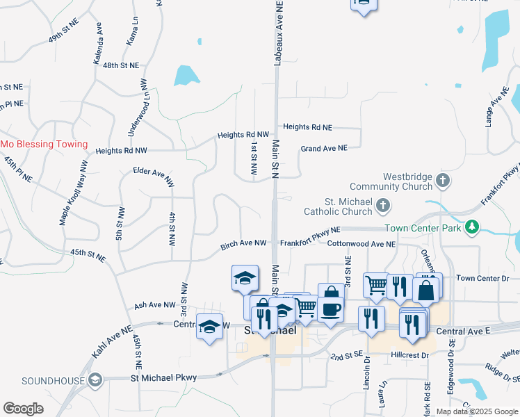 map of restaurants, bars, coffee shops, grocery stores, and more near 100 Cherrywood Avenue Northwest in Saint Michael