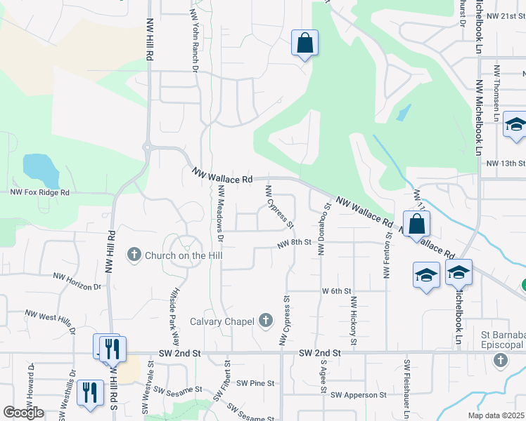 map of restaurants, bars, coffee shops, grocery stores, and more near 988 Northwest Monterey Drive in McMinnville