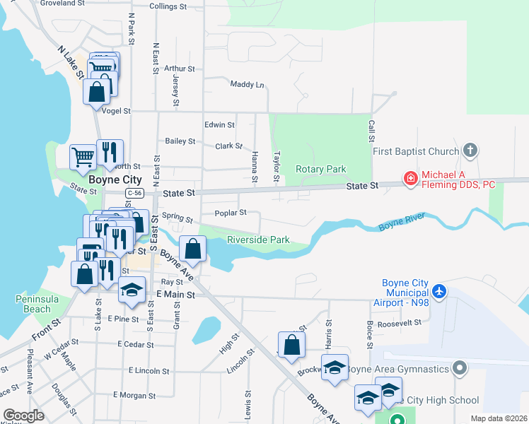 map of restaurants, bars, coffee shops, grocery stores, and more near 530 State Street in Boyne City