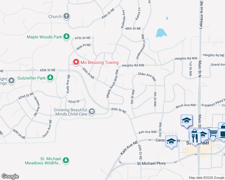 map of restaurants, bars, coffee shops, grocery stores, and more near 516 Dogwood Avenue Northwest in Saint Michael