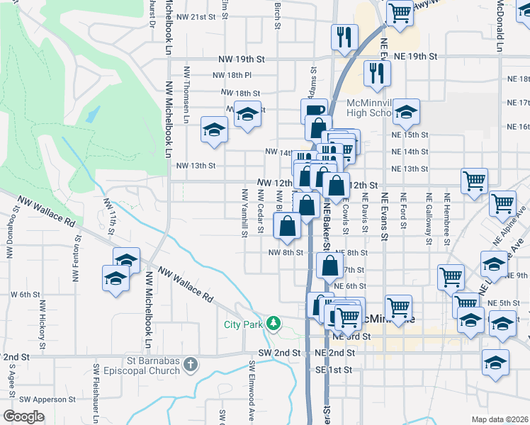 map of restaurants, bars, coffee shops, grocery stores, and more near 303 Northwest 11th Street in McMinnville