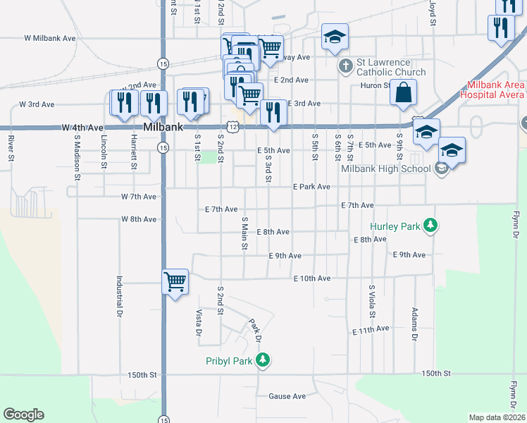 map of restaurants, bars, coffee shops, grocery stores, and more near 600-698 S 3rd St in Milbank