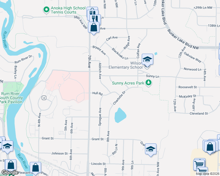 map of restaurants, bars, coffee shops, grocery stores, and more near 3351 Bryant Avenue in Anoka
