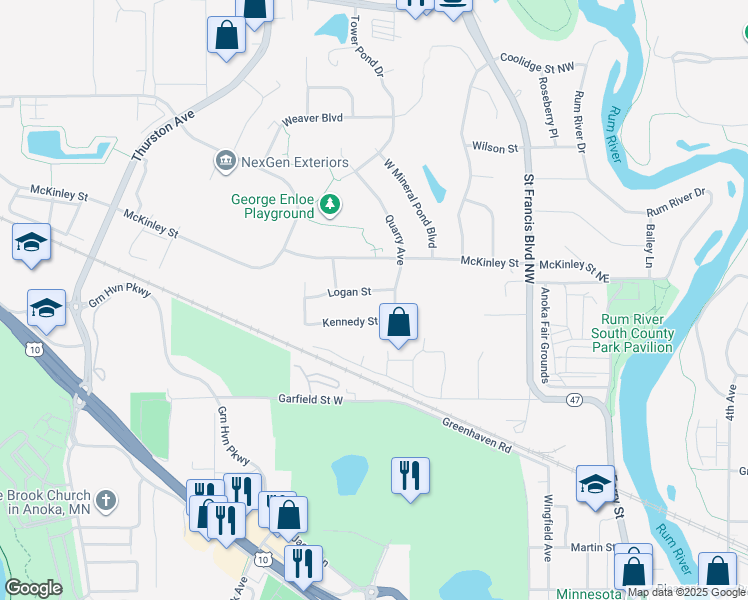 map of restaurants, bars, coffee shops, grocery stores, and more near 563 Logan Street in Anoka