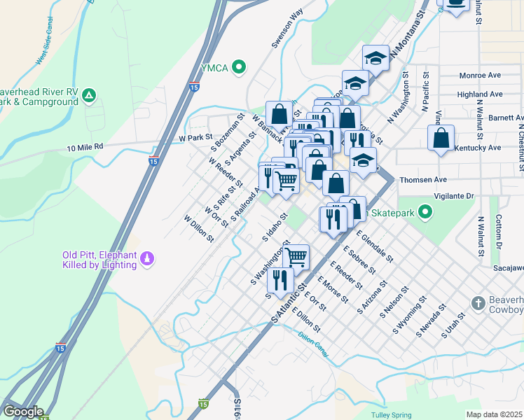 map of restaurants, bars, coffee shops, grocery stores, and more near 10 West Reeder Street in Dillon