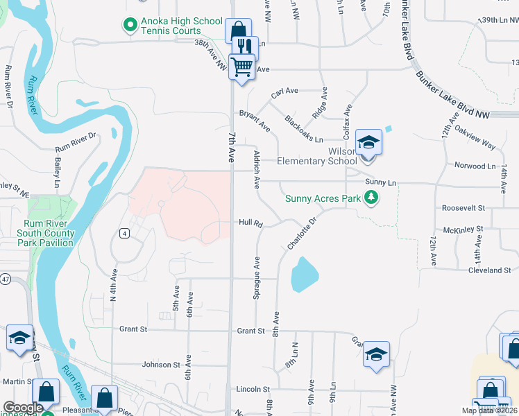 map of restaurants, bars, coffee shops, grocery stores, and more near 3345 Aldrich Avenue in Anoka