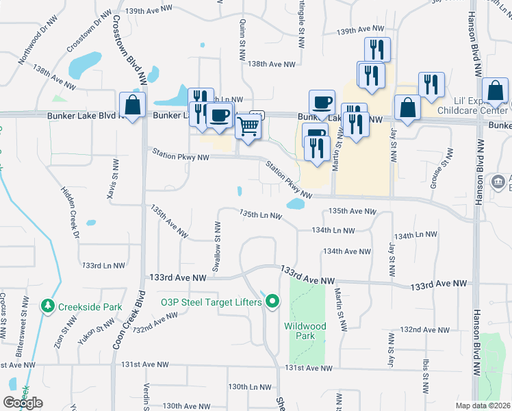 map of restaurants, bars, coffee shops, grocery stores, and more near 13550 Partridge Circle Northwest in Andover