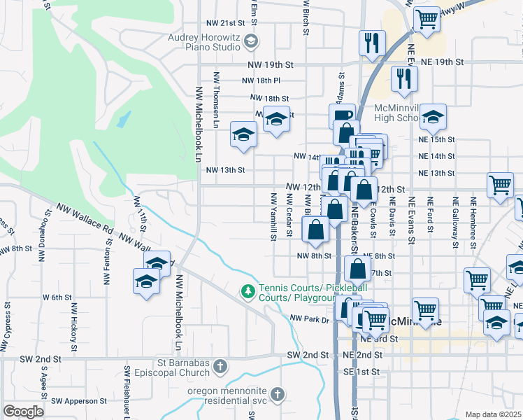 map of restaurants, bars, coffee shops, grocery stores, and more near 534 Northwest 11th Street in McMinnville