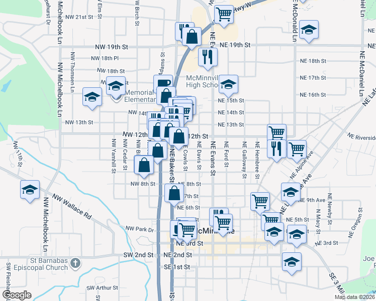 map of restaurants, bars, coffee shops, grocery stores, and more near 355 Northeast 11th Street in McMinnville