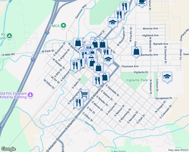 map of restaurants, bars, coffee shops, grocery stores, and more near 203 East Glendale Street in Dillon