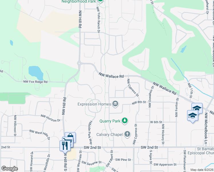map of restaurants, bars, coffee shops, grocery stores, and more near 1251 Northwest Meadows Drive in McMinnville