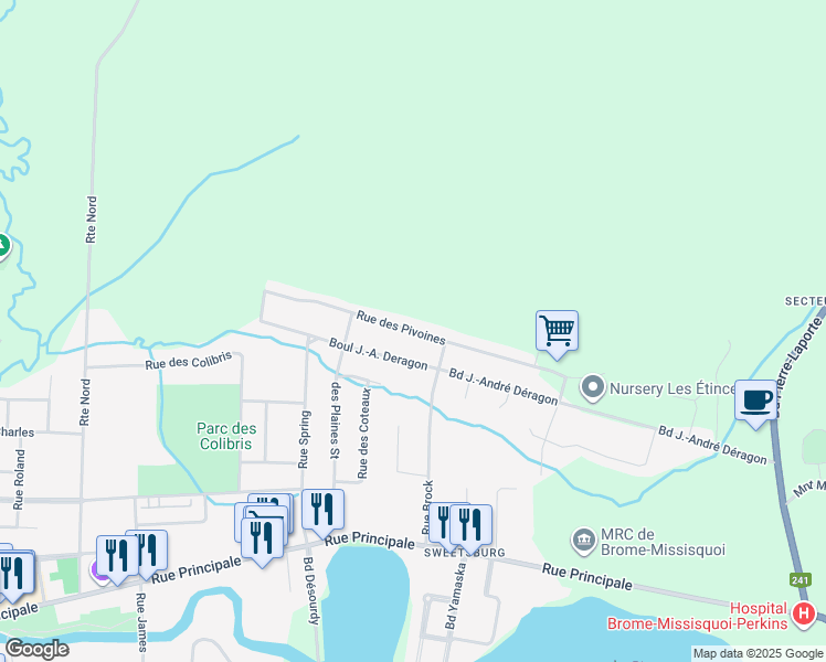 map of restaurants, bars, coffee shops, grocery stores, and more near Rue des Pivoines in Cowansville