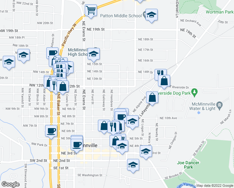 map of restaurants, bars, coffee shops, grocery stores, and more near 831 NE 11th St in McMinnville