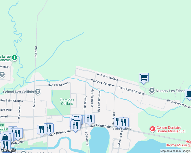 map of restaurants, bars, coffee shops, grocery stores, and more near Rue des Plaines in Cowansville
