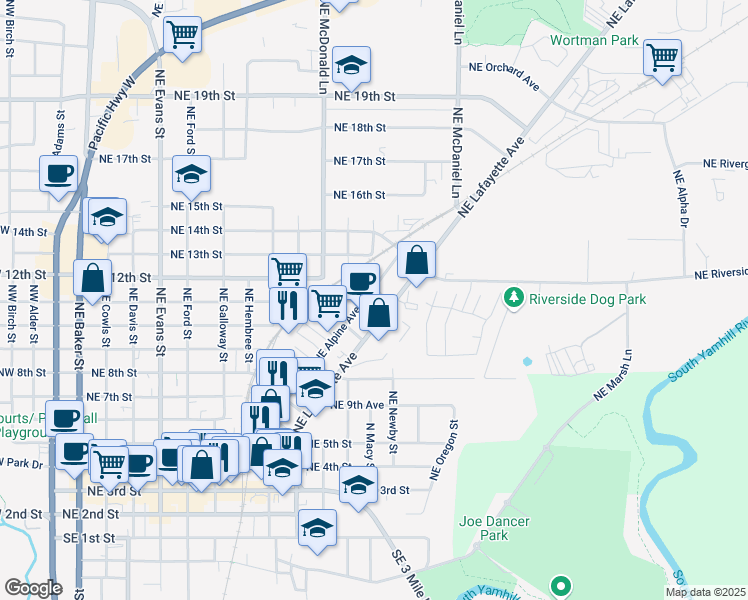 map of restaurants, bars, coffee shops, grocery stores, and more near 1235 Northeast 11th Way in McMinnville