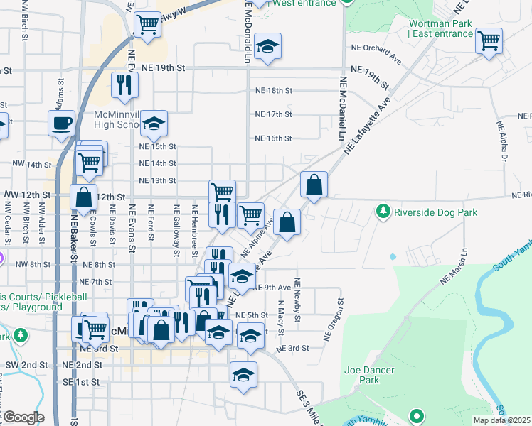 map of restaurants, bars, coffee shops, grocery stores, and more near 1235 Northeast 11th Way in McMinnville
