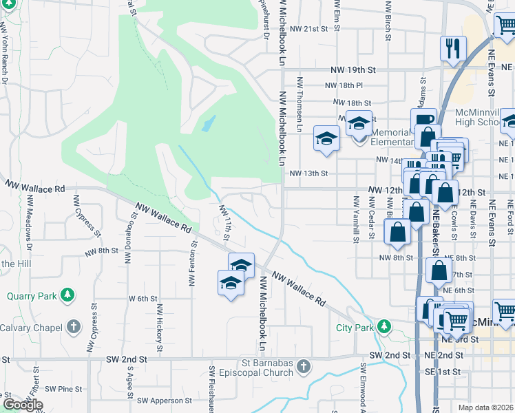 map of restaurants, bars, coffee shops, grocery stores, and more near 1110 Northwest Springwood Lane in McMinnville