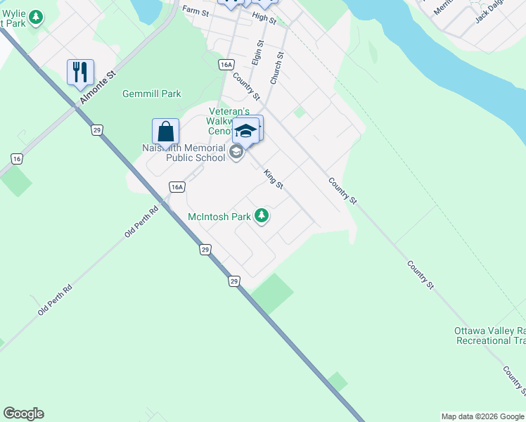 map of restaurants, bars, coffee shops, grocery stores, and more near 126 Metcalfe Drive in Mississippi Mills