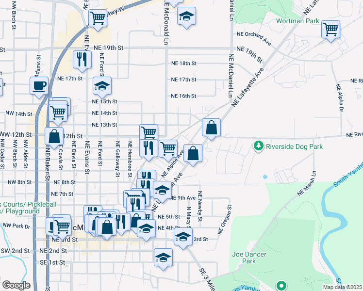 map of restaurants, bars, coffee shops, grocery stores, and more near 1235 Northeast 11th Way in McMinnville