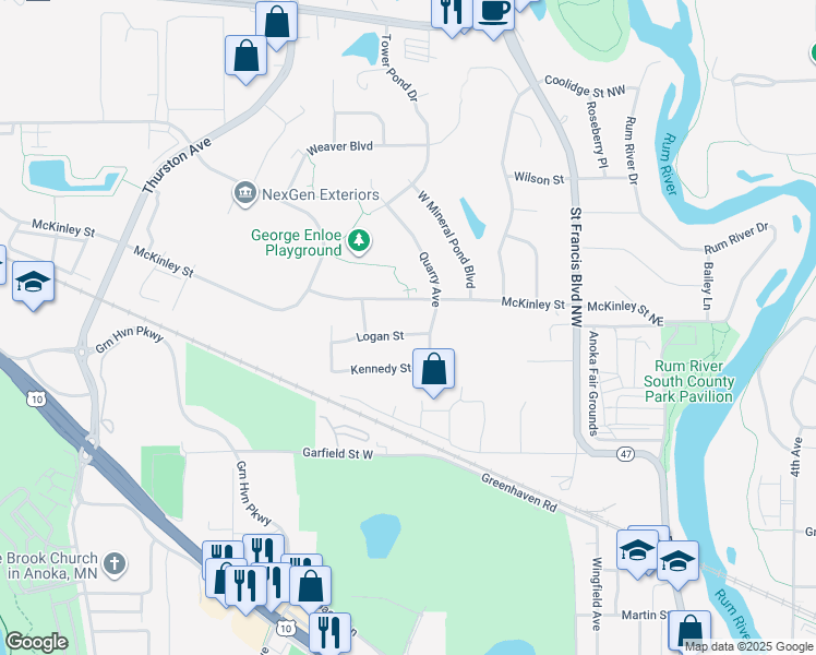 map of restaurants, bars, coffee shops, grocery stores, and more near 563 Logan Street in Anoka