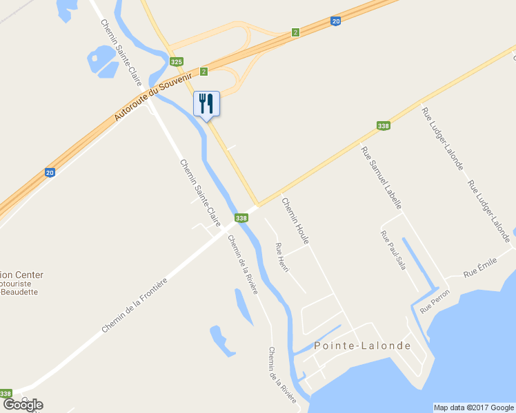 map of restaurants, bars, coffee shops, grocery stores, and more near 673 Chemin de la Frontière in Rivière-Beaudette