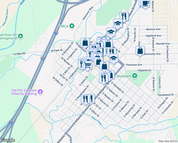 map of restaurants, bars, coffee shops, grocery stores, and more near 117 South Idaho Street in Dillon