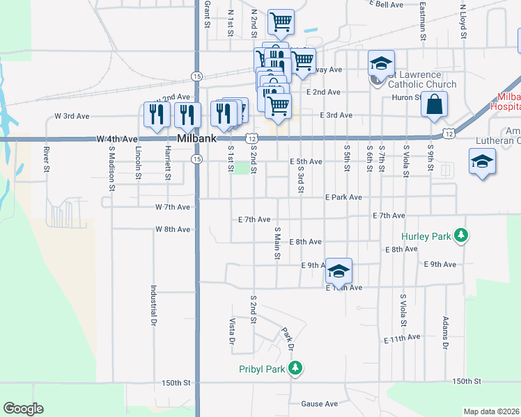 map of restaurants, bars, coffee shops, grocery stores, and more near 600-698 South 2nd Street in Milbank